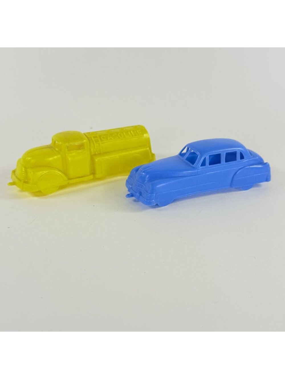 Vintage 2 Plastic Toy Cars Yellow Gasoline Truck & Blue Sedan